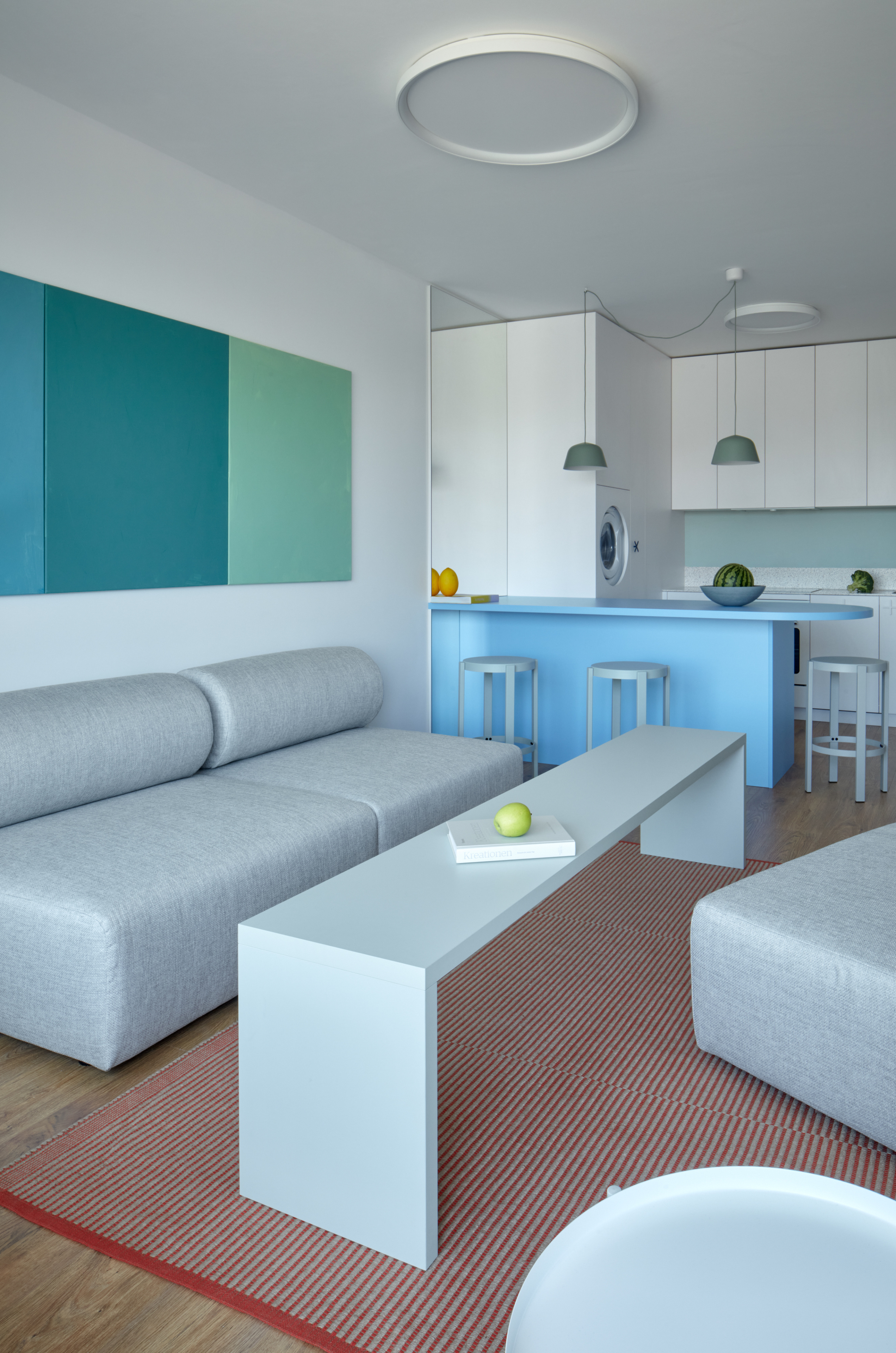 Custom artwork unifies the interior