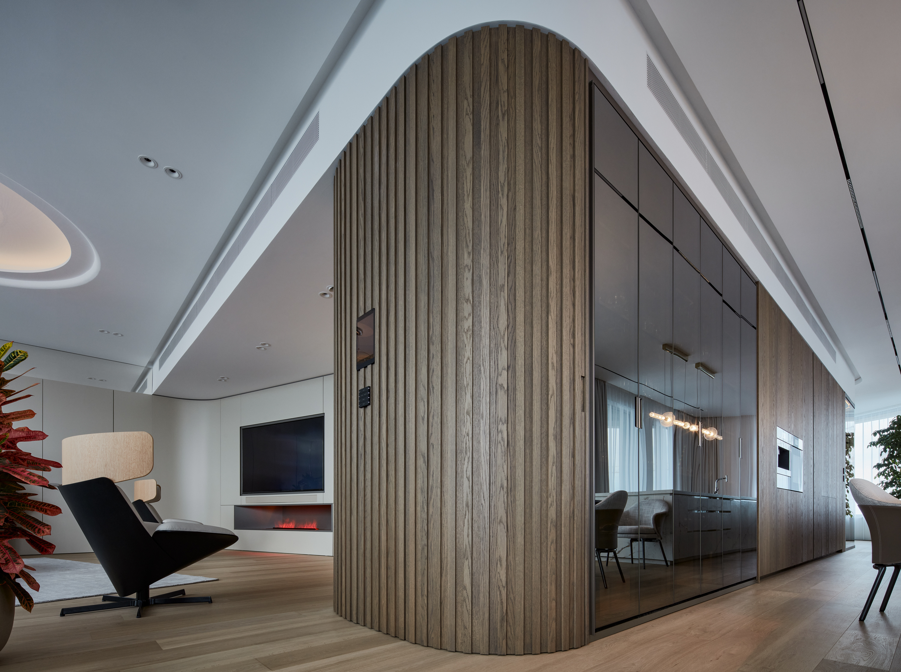 Living area with a multifunctional curved volume